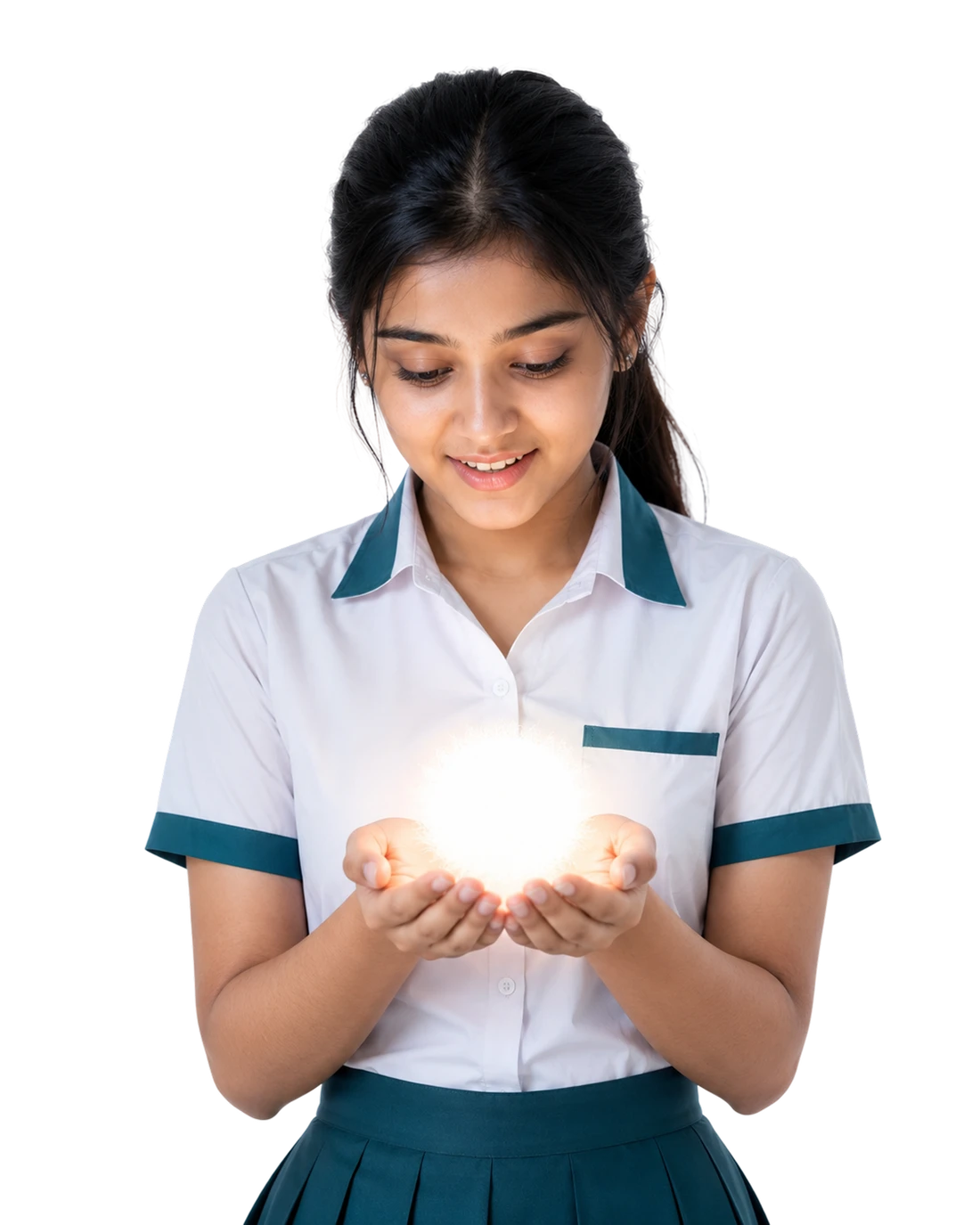 Riya, a schoolgirl, holding a glowing orb of light in her cupped hands